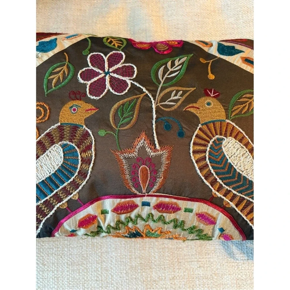Pier 1 Embroidered Bird Lumbar Pillow Boho Folk Art Tassel 20 X 12